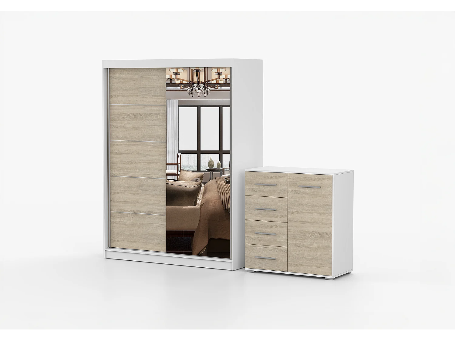 Ensemble armoire Vaiana et commode Ilario Chêne - Blanc avec miroir - Blanc - Chêne