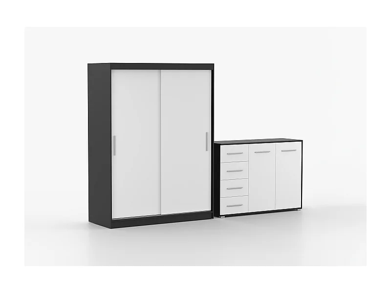 Ensemble armoire Elsinore et commode Ilario - Noir - Blanc