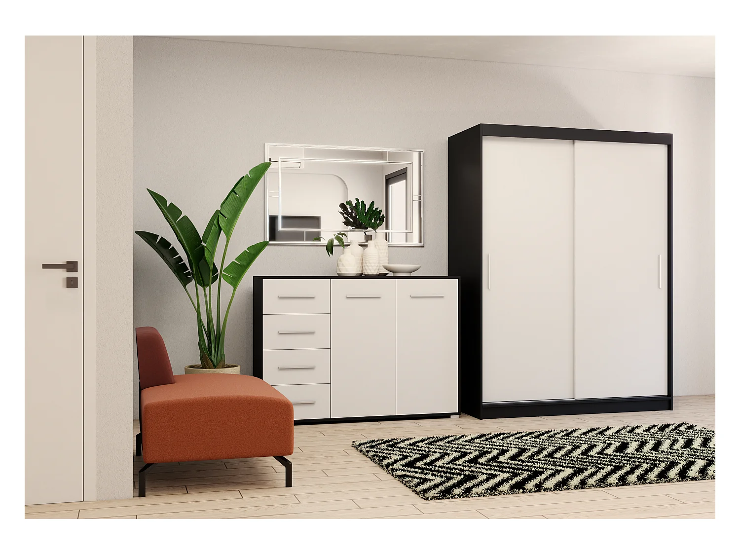 Ensemble armoire Elsinore et commode Ilario - Noir - Blanc