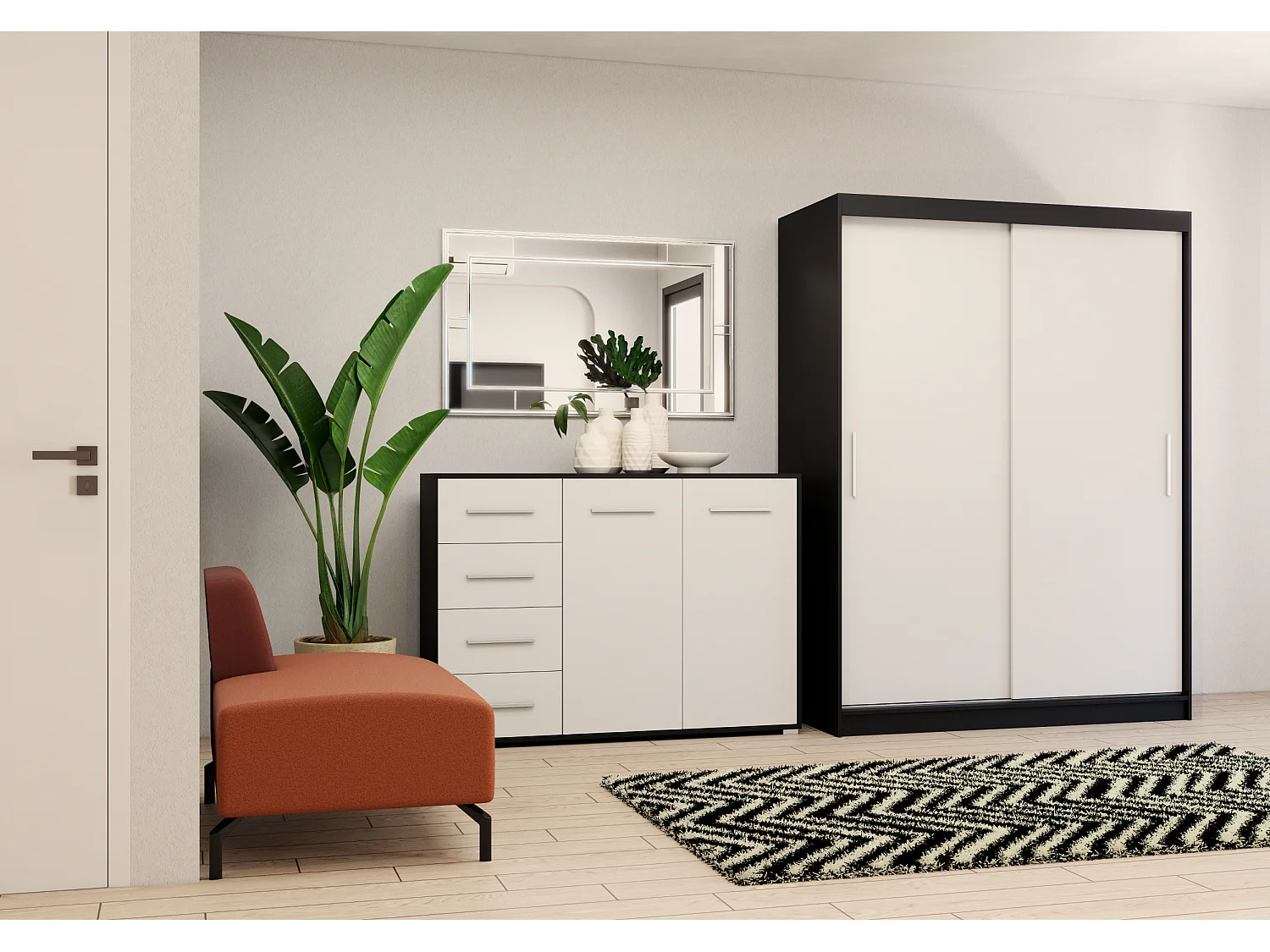 Ensemble armoire Elsinore et commode Ilario - Noir - Blanc