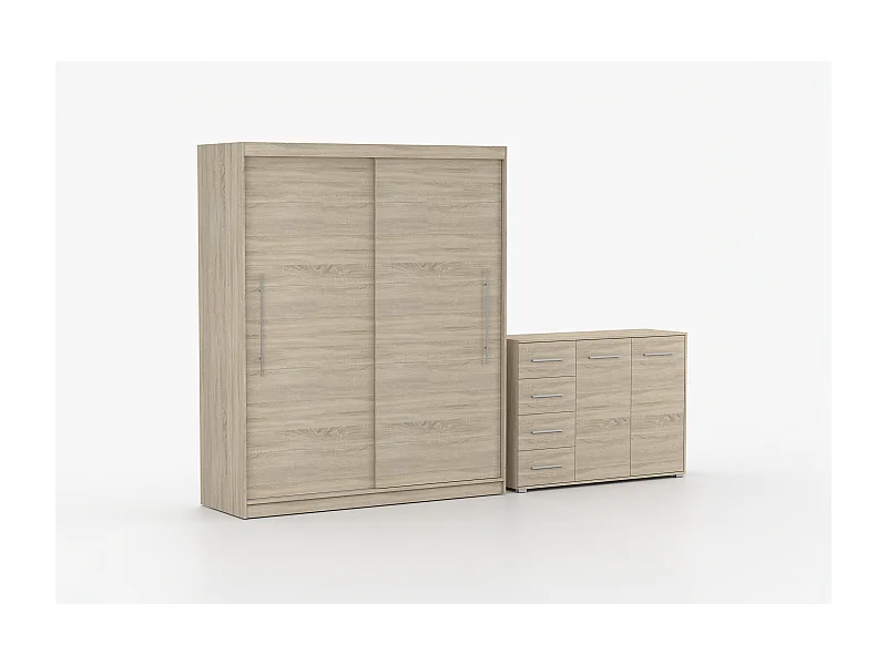 Ensemble armoire Miralys avec commode Ilario - Chêne