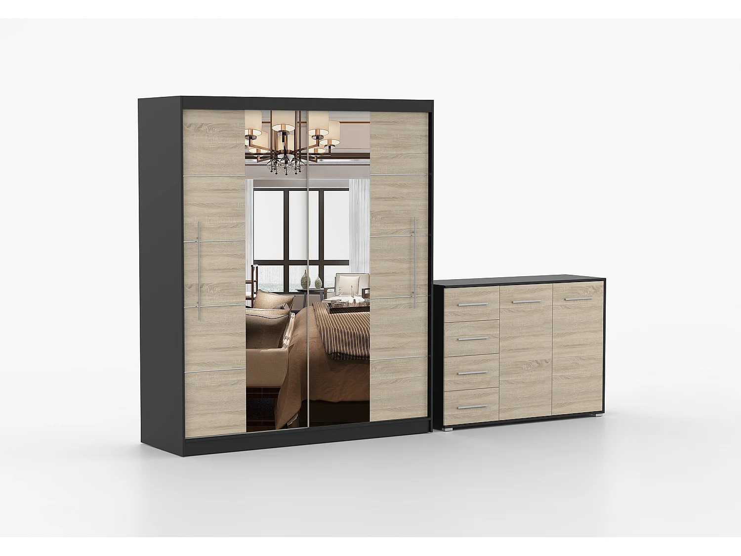 Ensemble armoire Orelia et commode Ilario avec miroir - Noir - Chêne