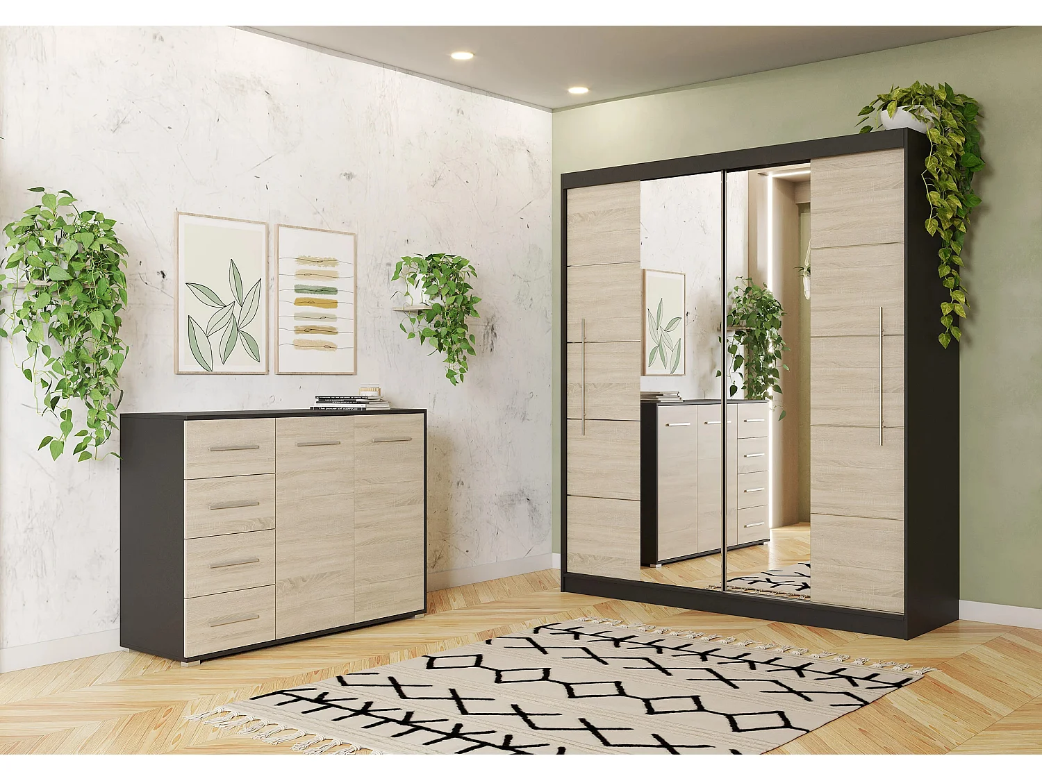 Ensemble armoire Orelia et commode Ilario avec miroir - Noir - Chêne