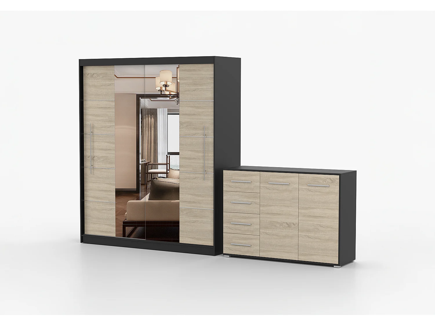 Ensemble armoire Orelia et commode Ilario avec miroir - Noir - Chêne