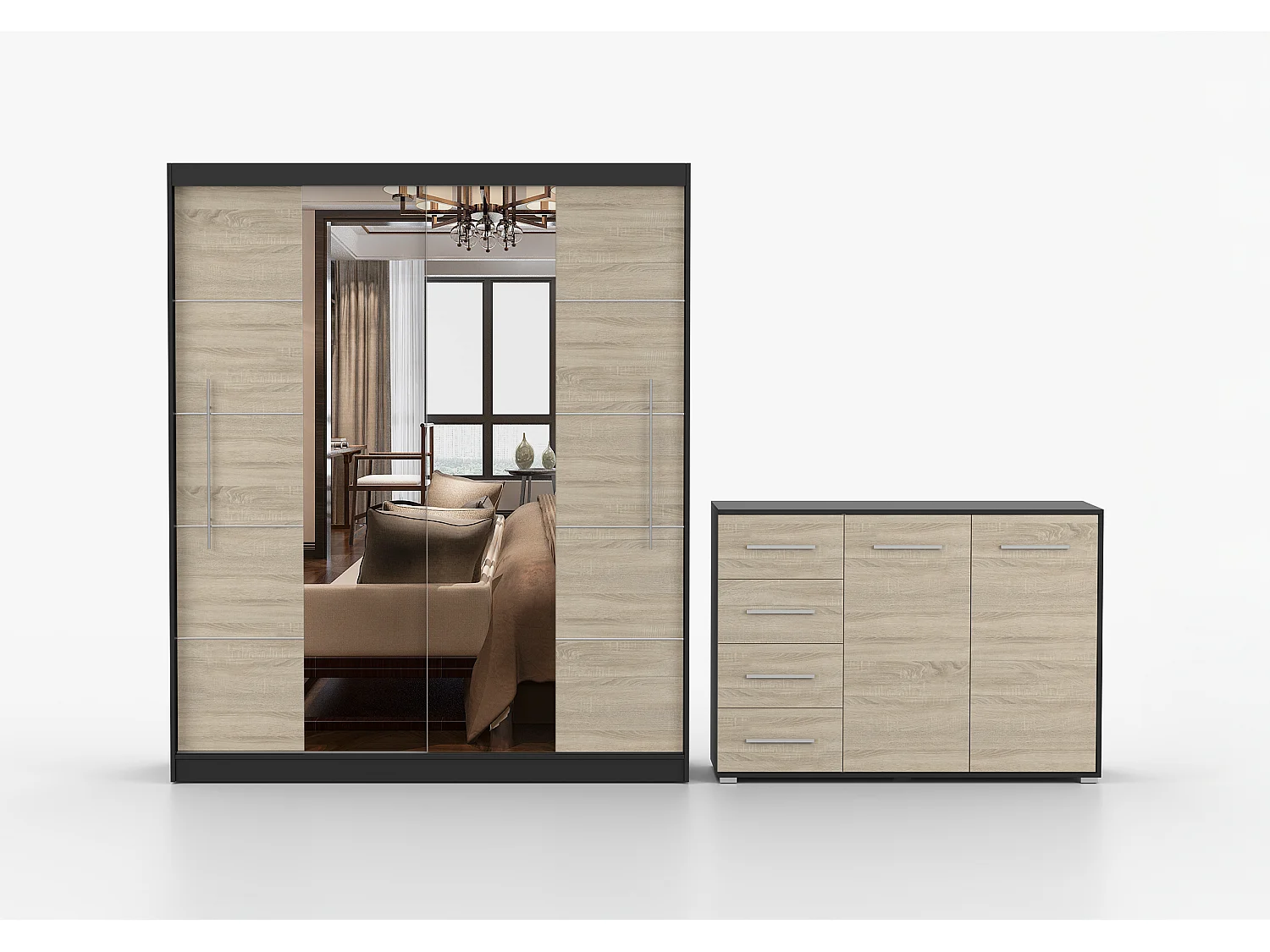 Ensemble armoire Orelia et commode Ilario avec miroir - Noir - Chêne