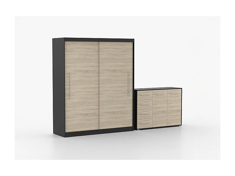 Ensemble armoire Miralys avec commode Ilario - Noir - Chêne