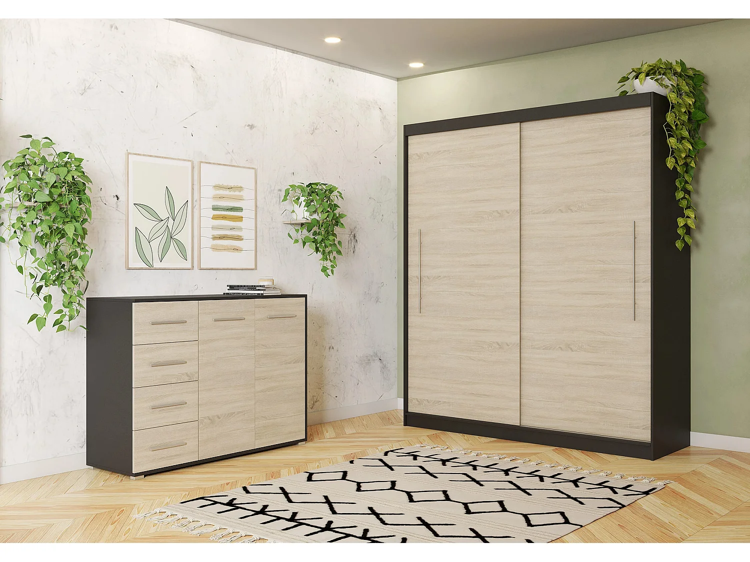 Ensemble armoire Miralys avec commode Ilario - Noir - Chêne