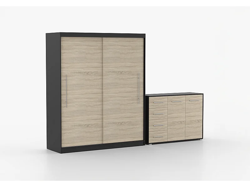 Ensemble armoire Miralys avec commode Ilario - Noir - Chêne