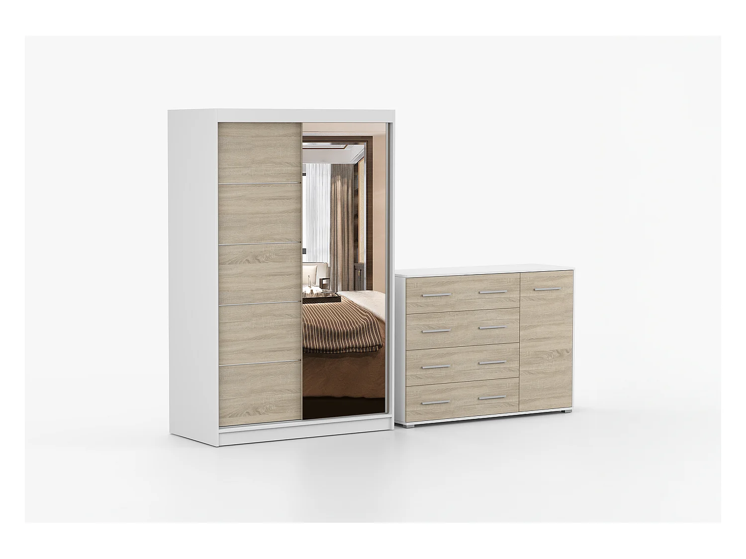 Ensemble armoire Syra et commode Ilario avec miroir - Blanc - Chêne