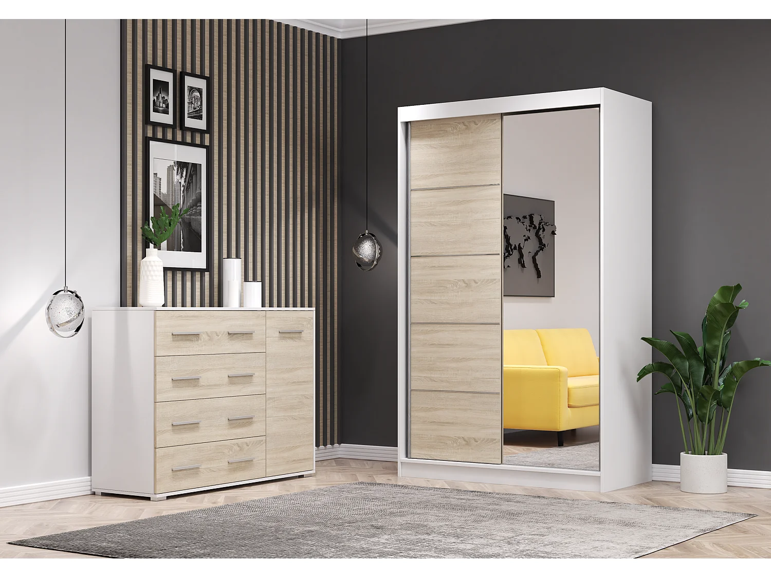 Ensemble armoire Syra et commode Ilario avec miroir - Blanc - Chêne