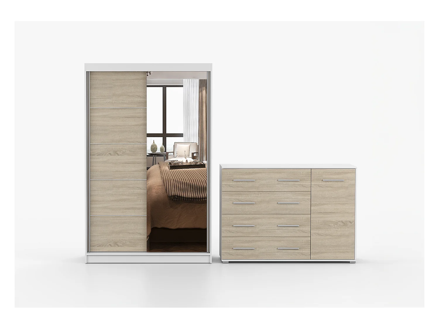 Ensemble armoire Syra et commode Ilario avec miroir - Blanc - Chêne