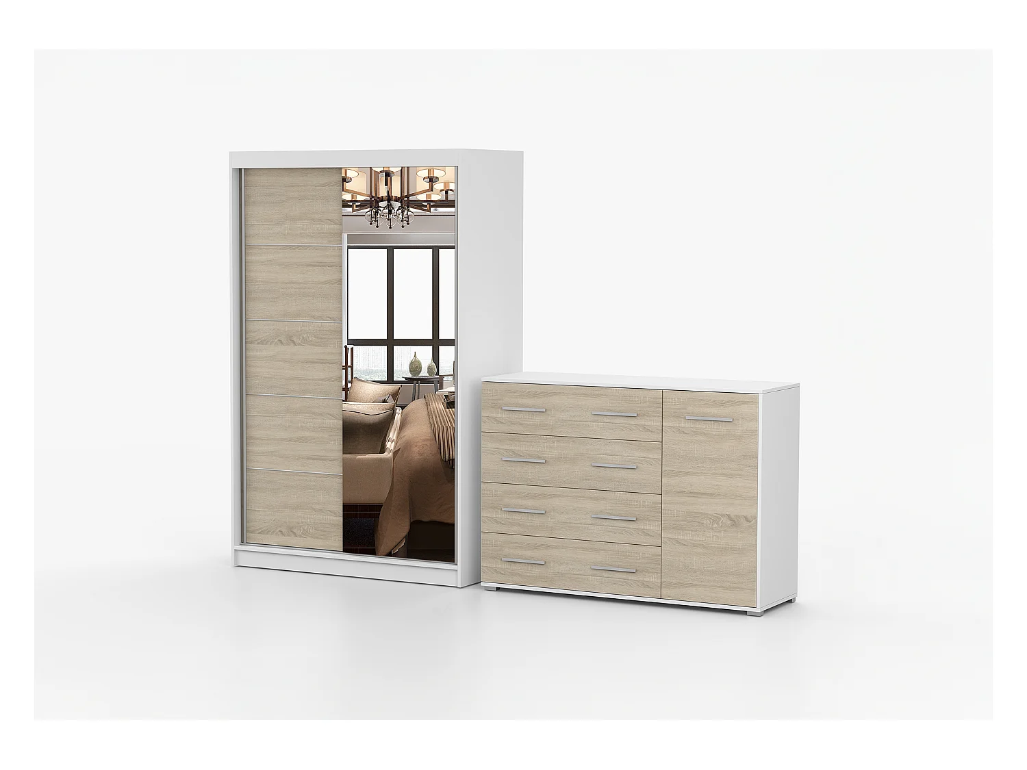 Ensemble armoire Syra et commode Ilario avec miroir - Blanc - Chêne