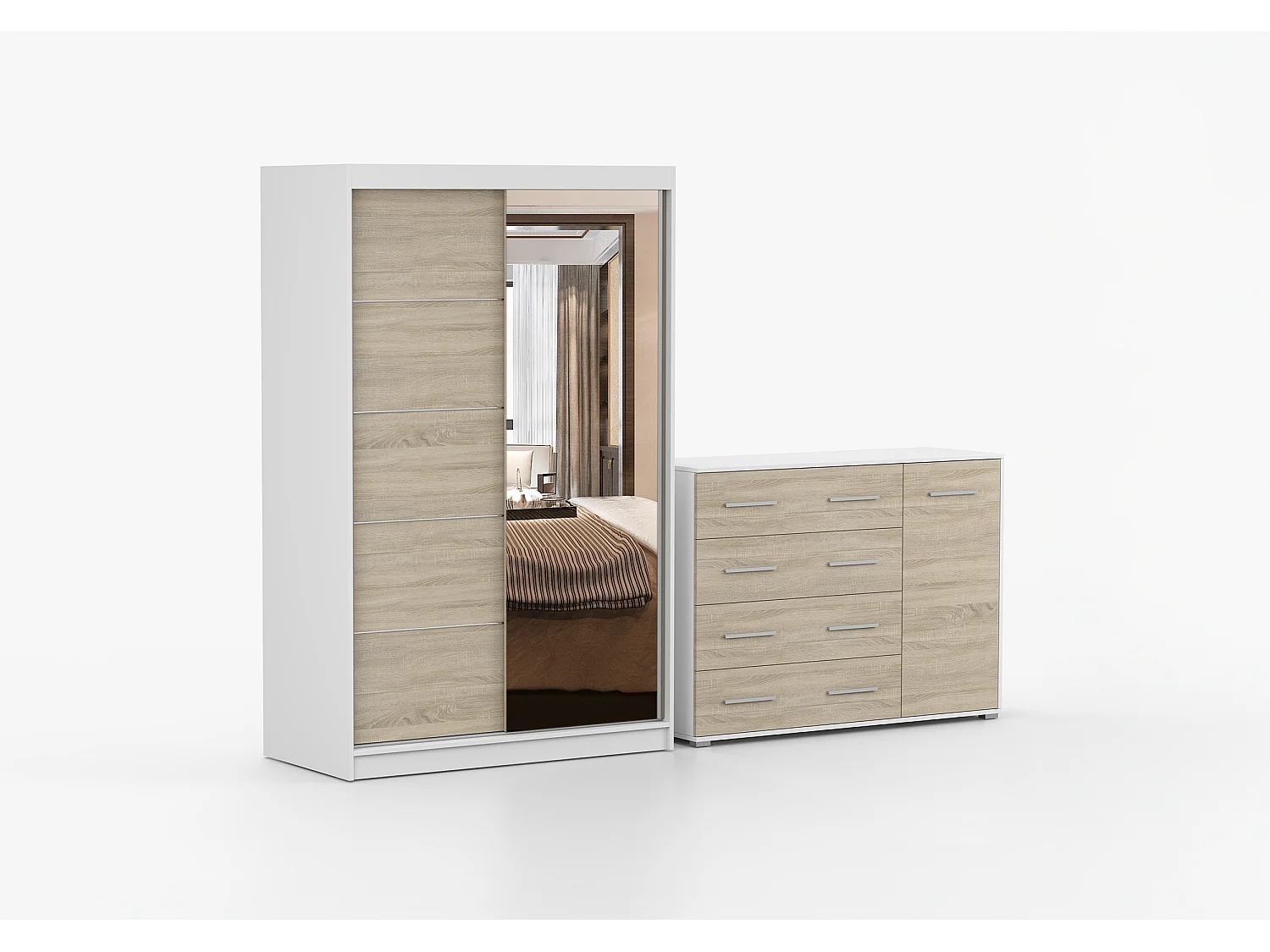 Ensemble armoire Syra et commode Ilario avec miroir - Blanc - Chêne