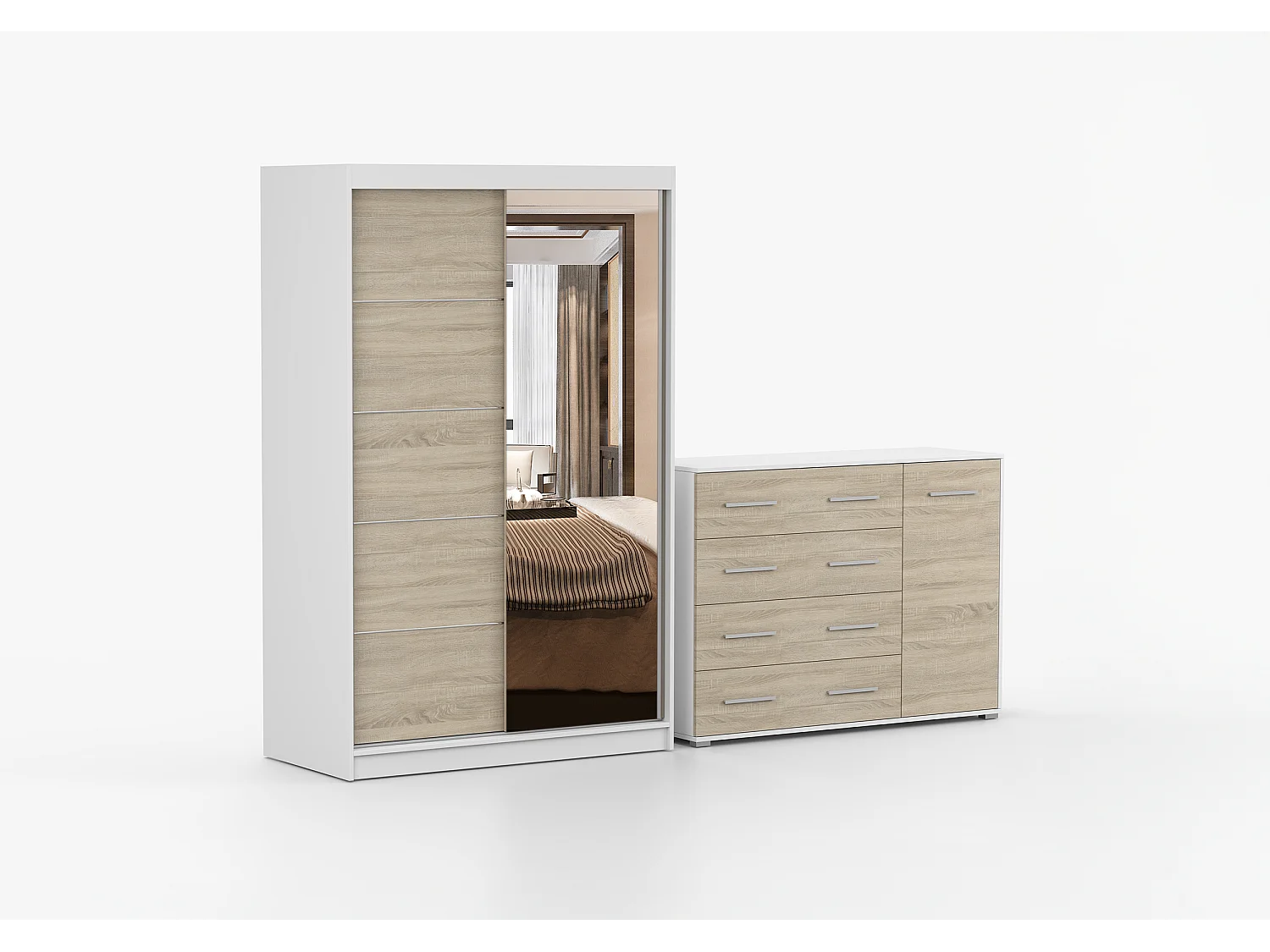 Ensemble armoire Syra et commode Ilario avec miroir - Blanc - Chêne