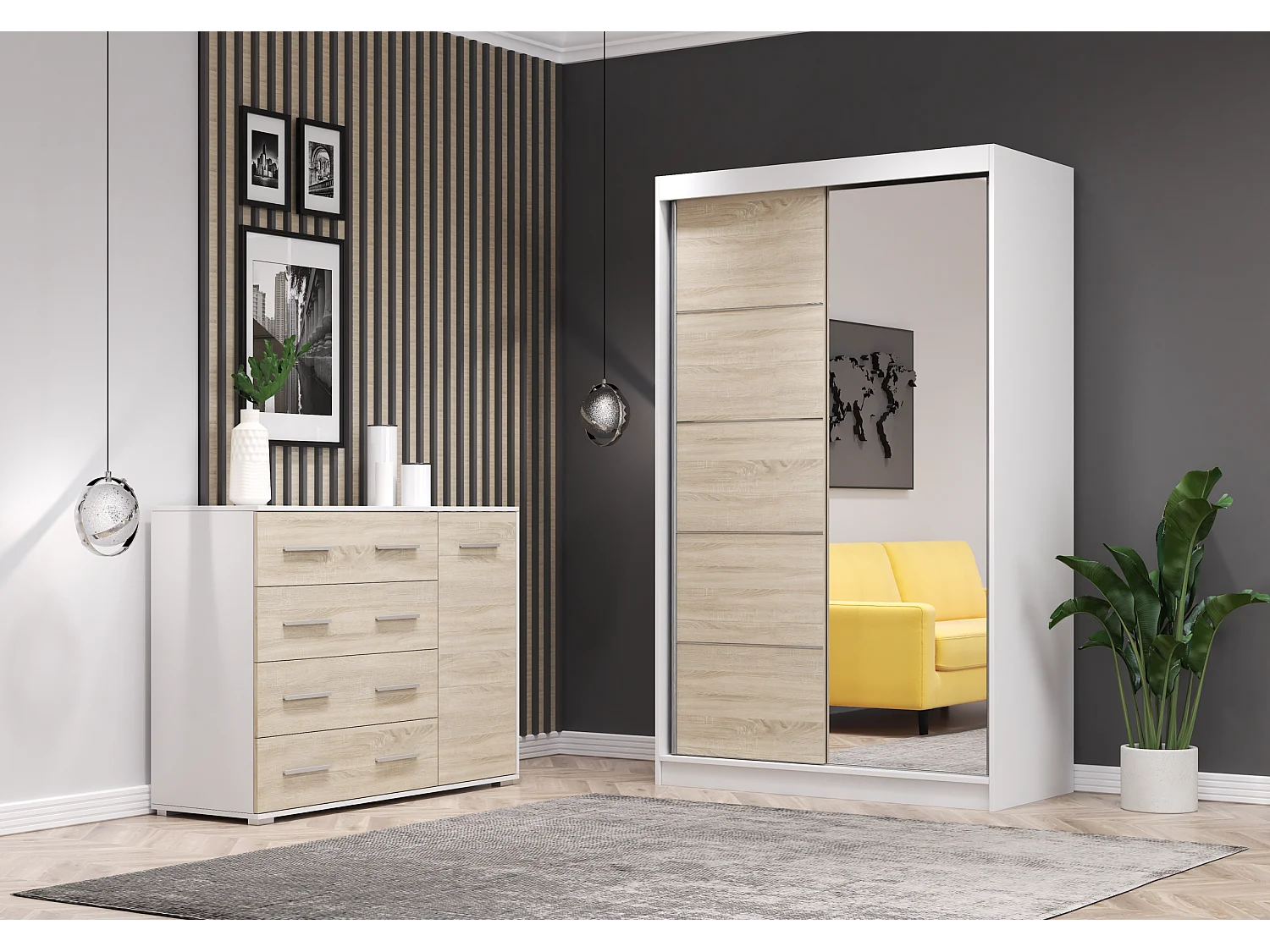 Ensemble armoire Syra et commode Ilario avec miroir - Blanc - Chêne