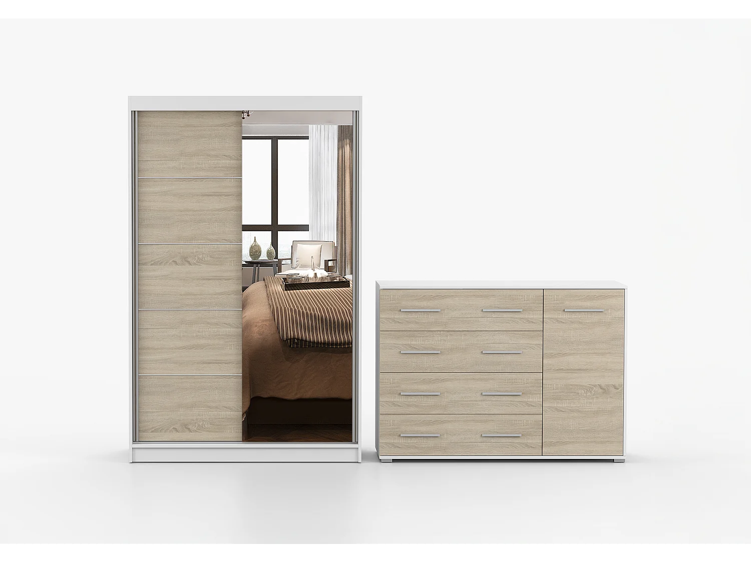 Ensemble armoire Syra et commode Ilario avec miroir - Blanc - Chêne