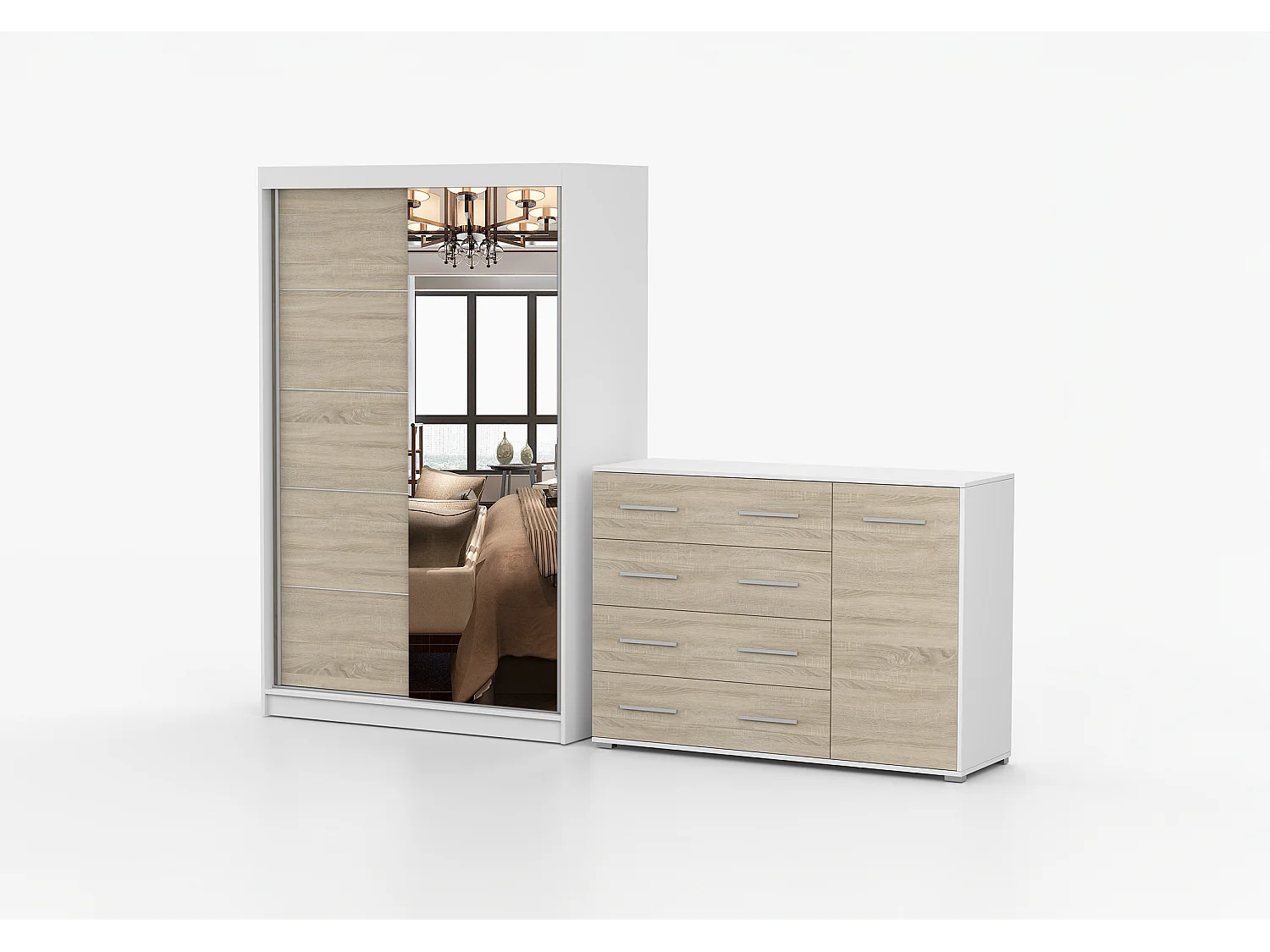 Ensemble armoire Syra et commode Ilario avec miroir - Blanc - Chêne