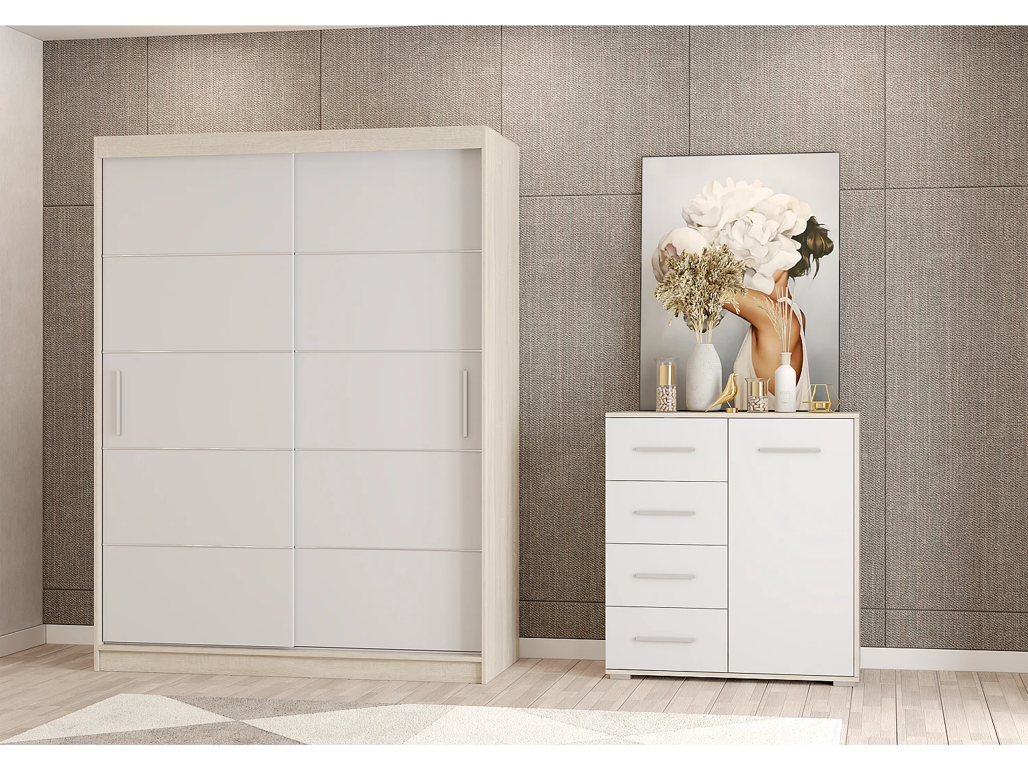 Ensemble armoire Aliona et commode Ilario - Chêne - Blanc