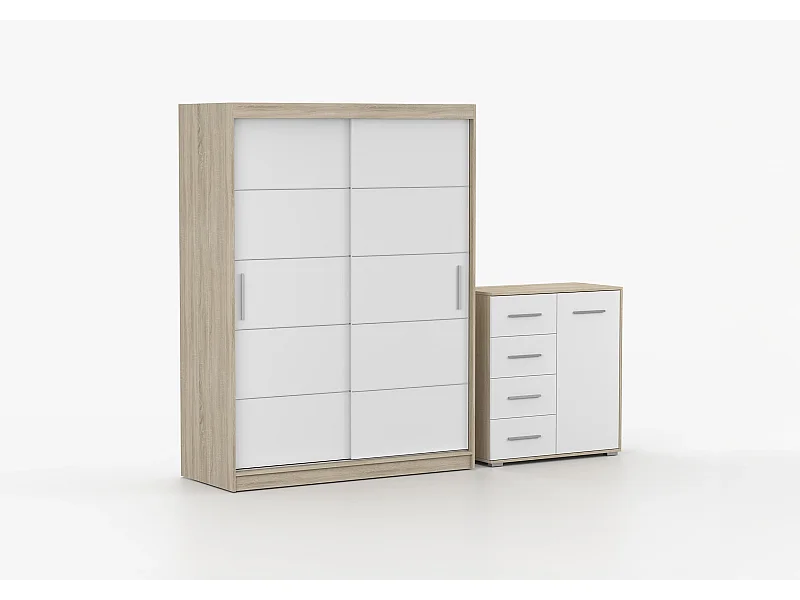 Ensemble armoire Aliona et commode Ilario - Chêne - Blanc