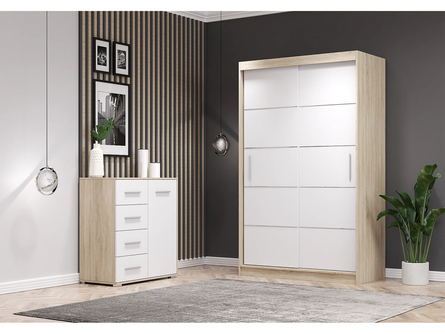 Ensemble armoire Lilwenn et commode Ilario - Chêne - Blanc