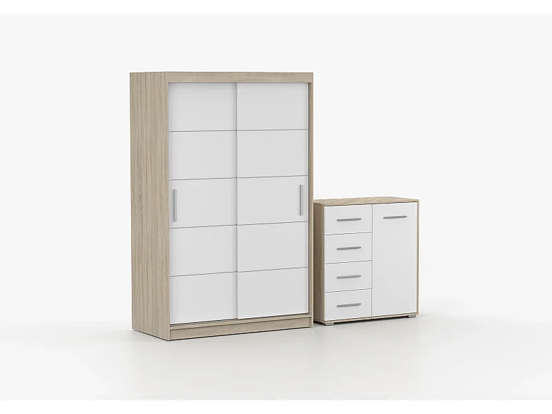 Ensemble armoire Lilwenn et commode Ilario - Chêne - Blanc