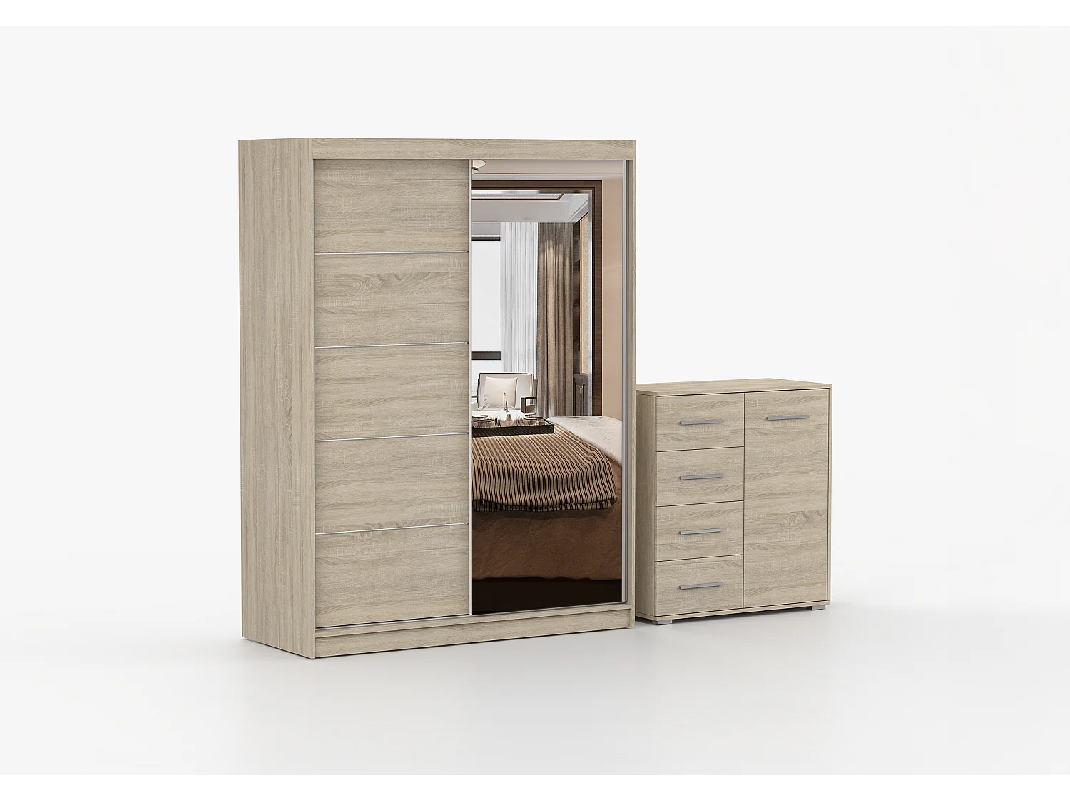 Ensemble armoire Vaiana et commode Ilario Chêne - Blanc avec miroir - Chêne