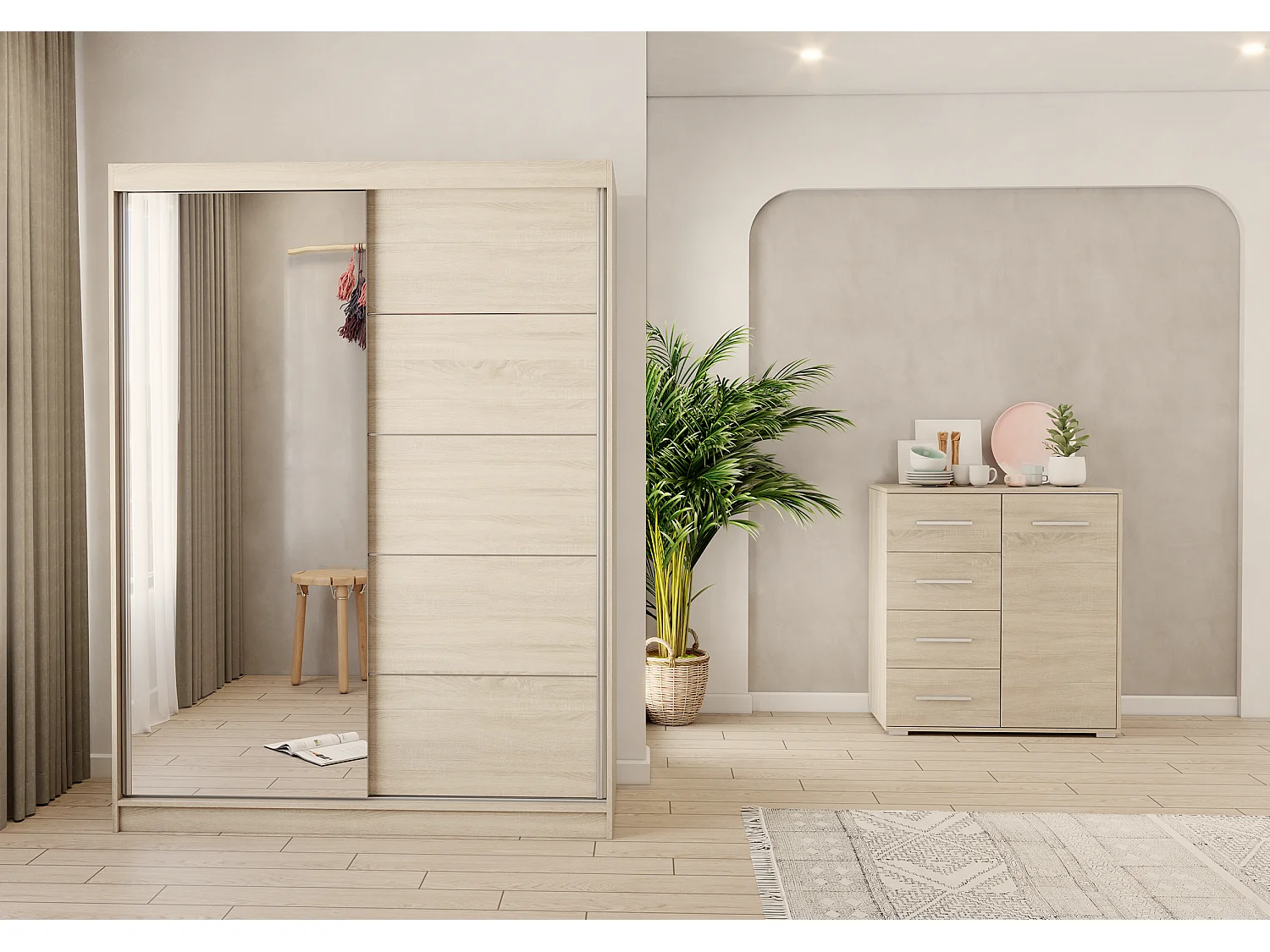 Ensemble armoire Vaiana et commode Ilario Chêne - Blanc avec miroir - Chêne