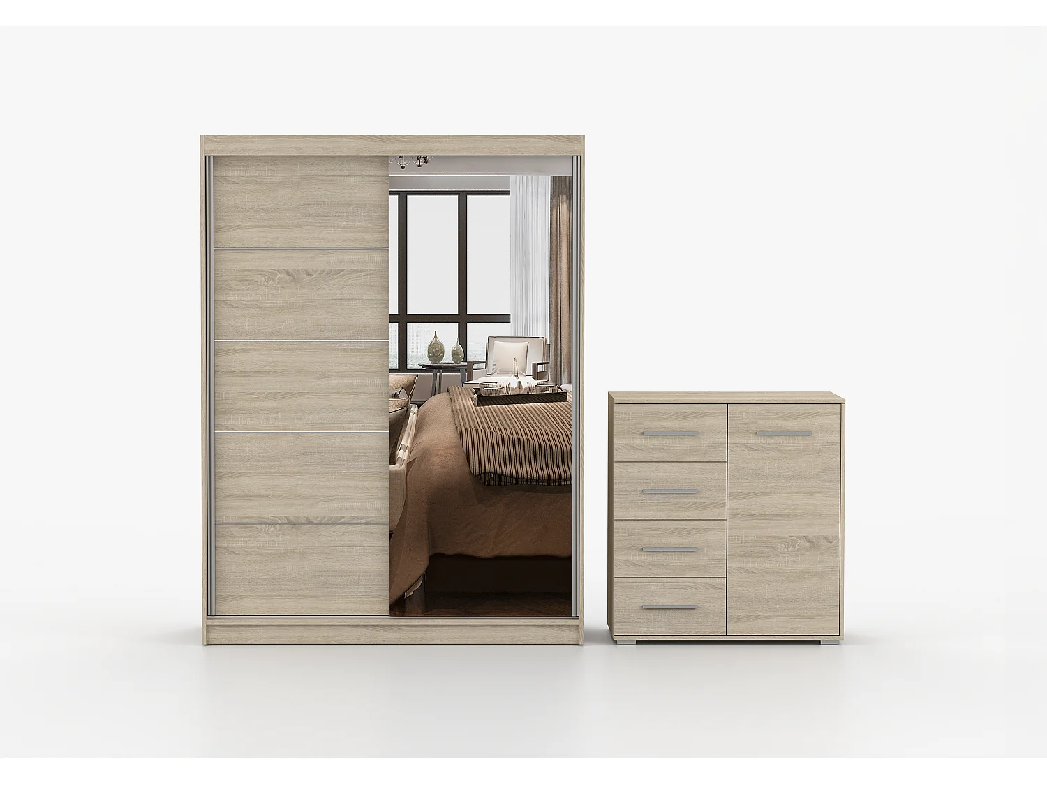 Ensemble armoire Vaiana et commode Ilario Chêne - Blanc avec miroir - Chêne