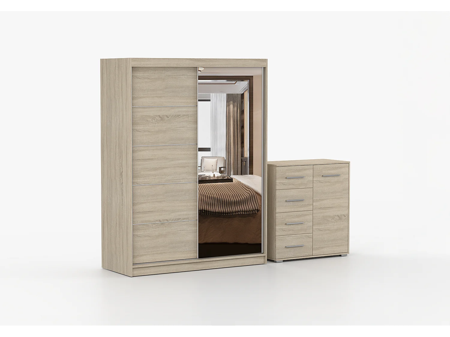 Ensemble armoire Vaiana et commode Ilario Chêne - Blanc avec miroir - Chêne