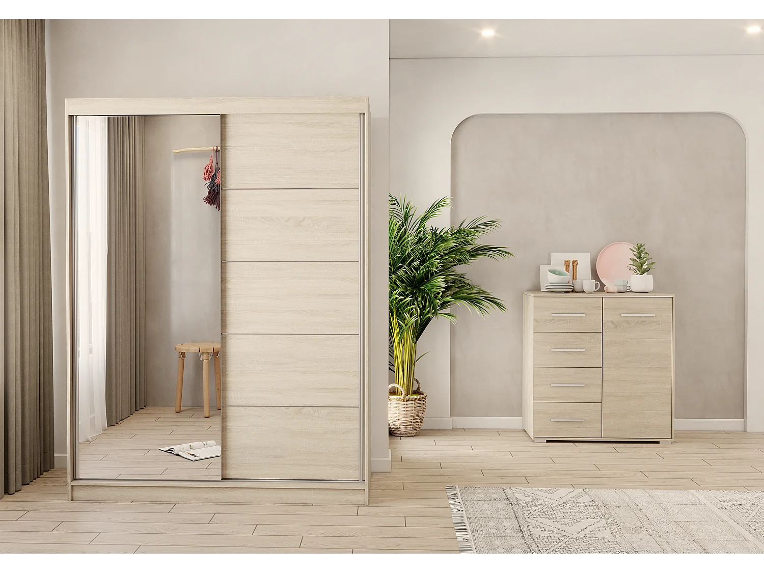 Ensemble armoire Vaiana et commode Ilario Chêne - Blanc avec miroir - Chêne