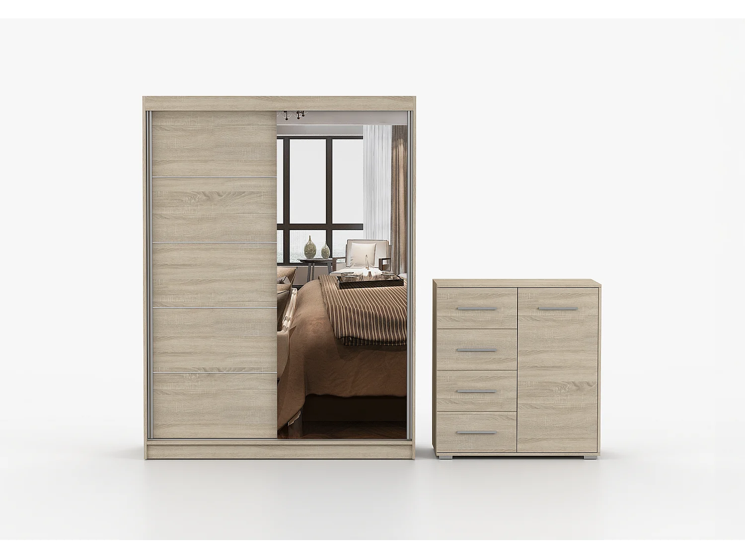 Ensemble armoire Vaiana et commode Ilario Chêne - Blanc avec miroir - Chêne