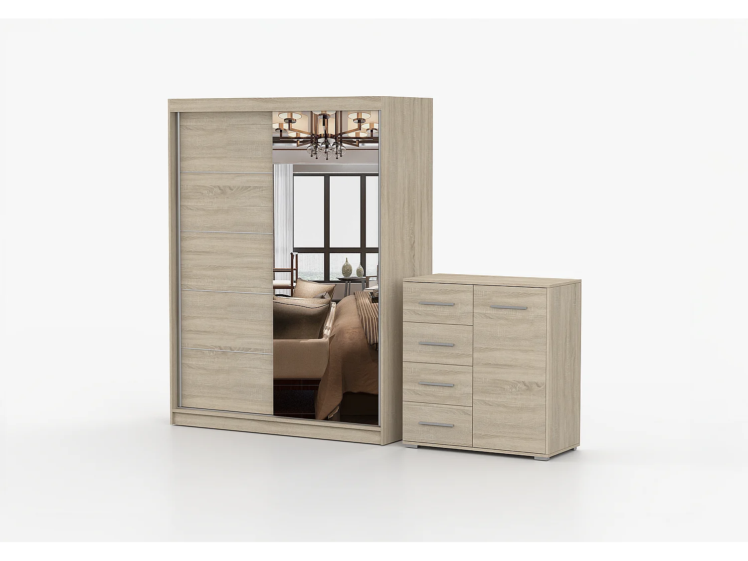 Ensemble armoire Vaiana et commode Ilario Chêne - Blanc avec miroir - Chêne