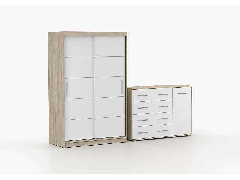 Ensemble armoire Lilwenn et commode Ilario - Chêne - Blanc