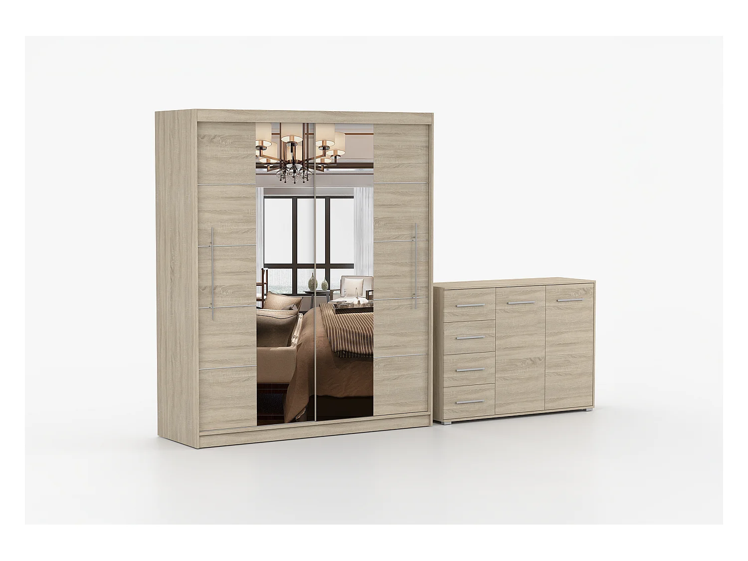 Ensemble armoire Orelia et commode Ilario avec miroir - Chêne