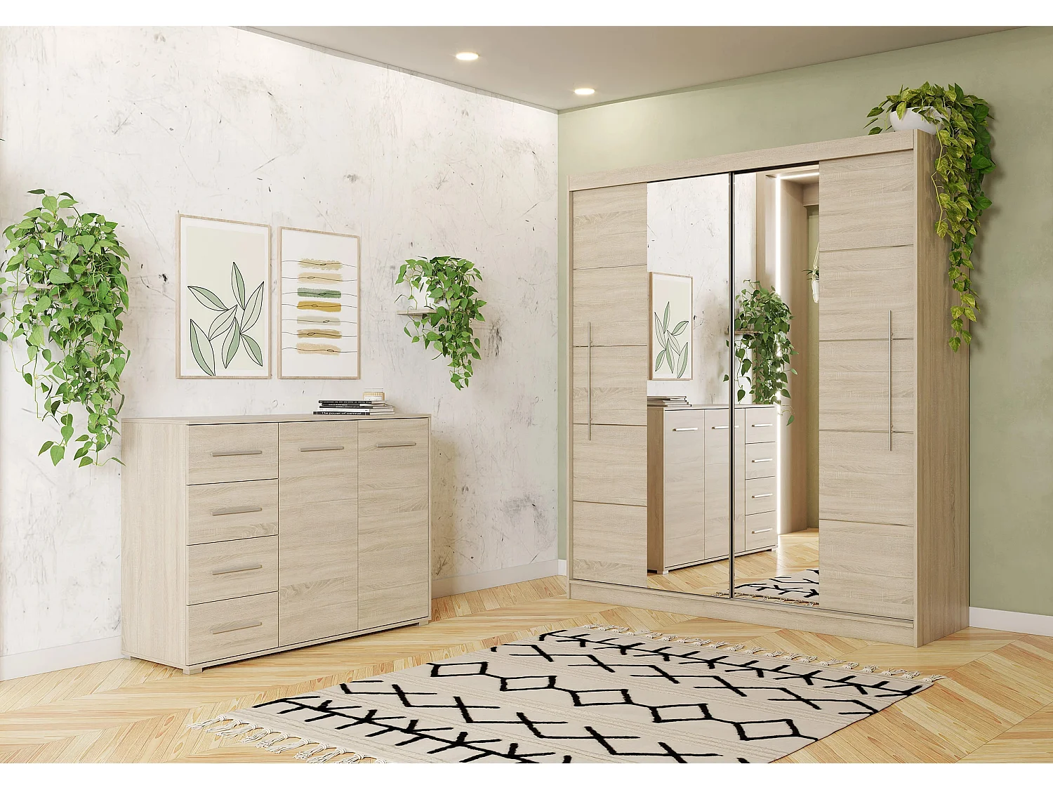 Ensemble armoire Orelia et commode Ilario avec miroir - Chêne