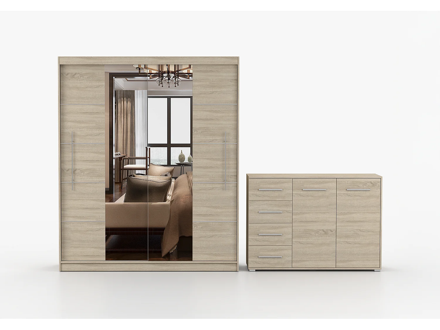 Ensemble armoire Orelia et commode Ilario avec miroir - Chêne