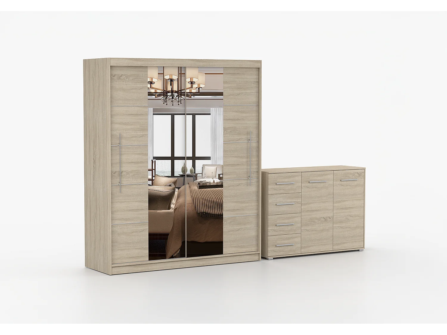 Ensemble armoire Orelia et commode Ilario avec miroir - Chêne