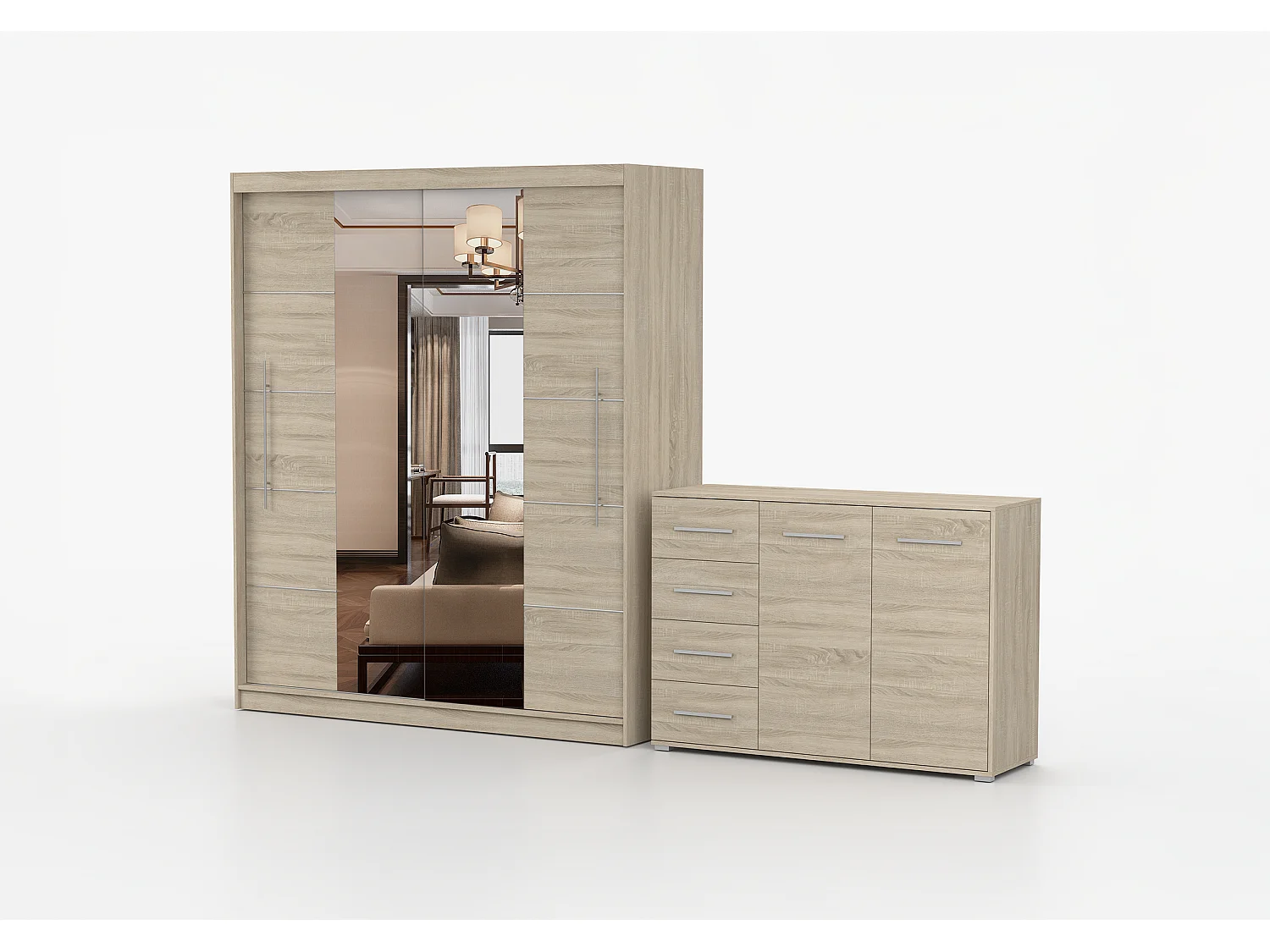 Ensemble armoire Orelia et commode Ilario avec miroir - Chêne