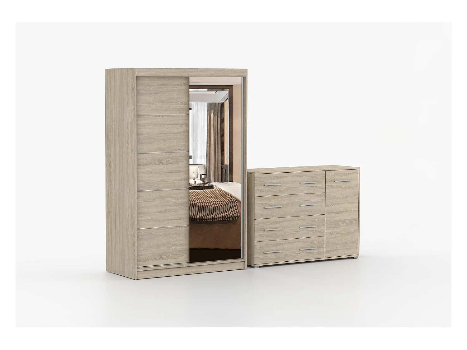 Ensemble armoire Syra et commode Ilario avec miroir - Chêne