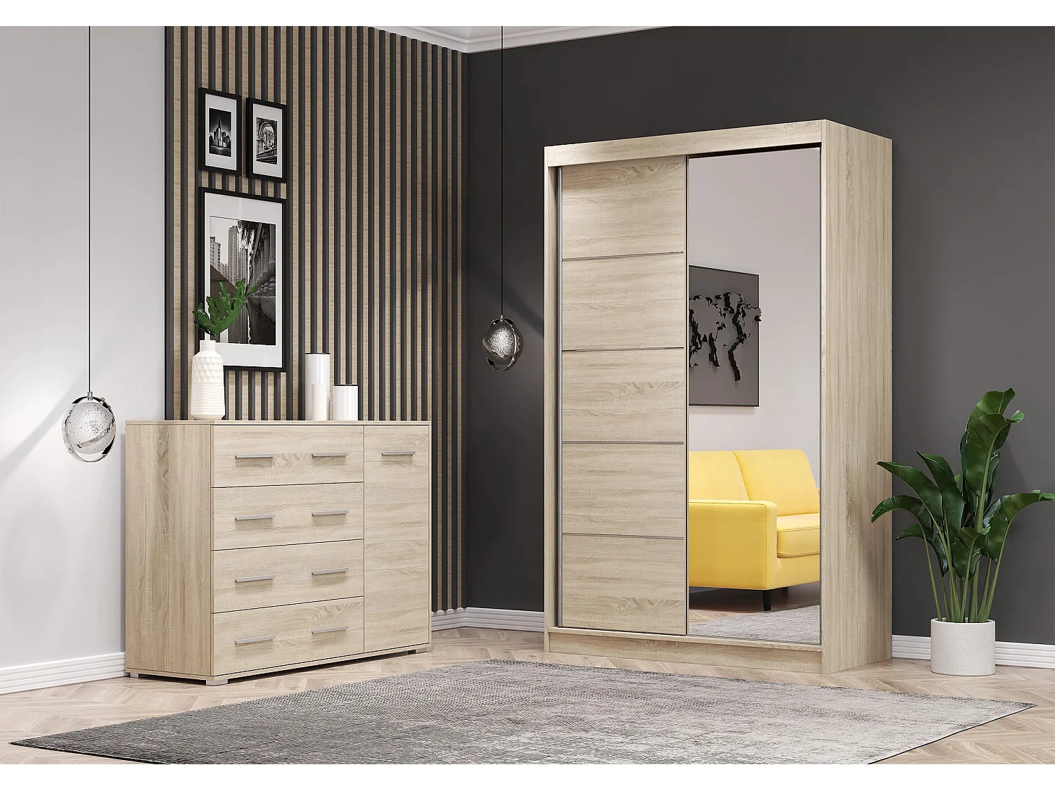 Ensemble armoire Syra et commode Ilario avec miroir - Chêne