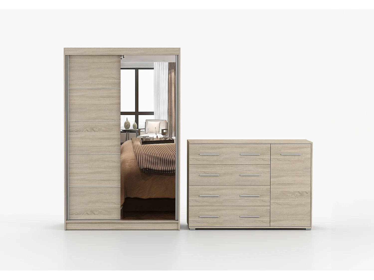 Ensemble armoire Syra et commode Ilario avec miroir - Chêne