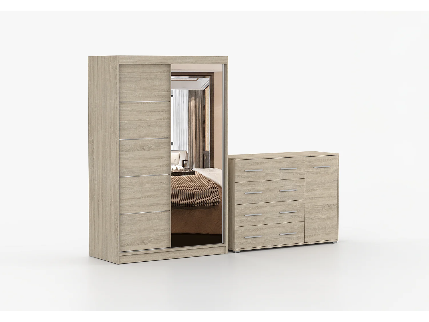 Ensemble armoire Syra et commode Ilario avec miroir - Chêne