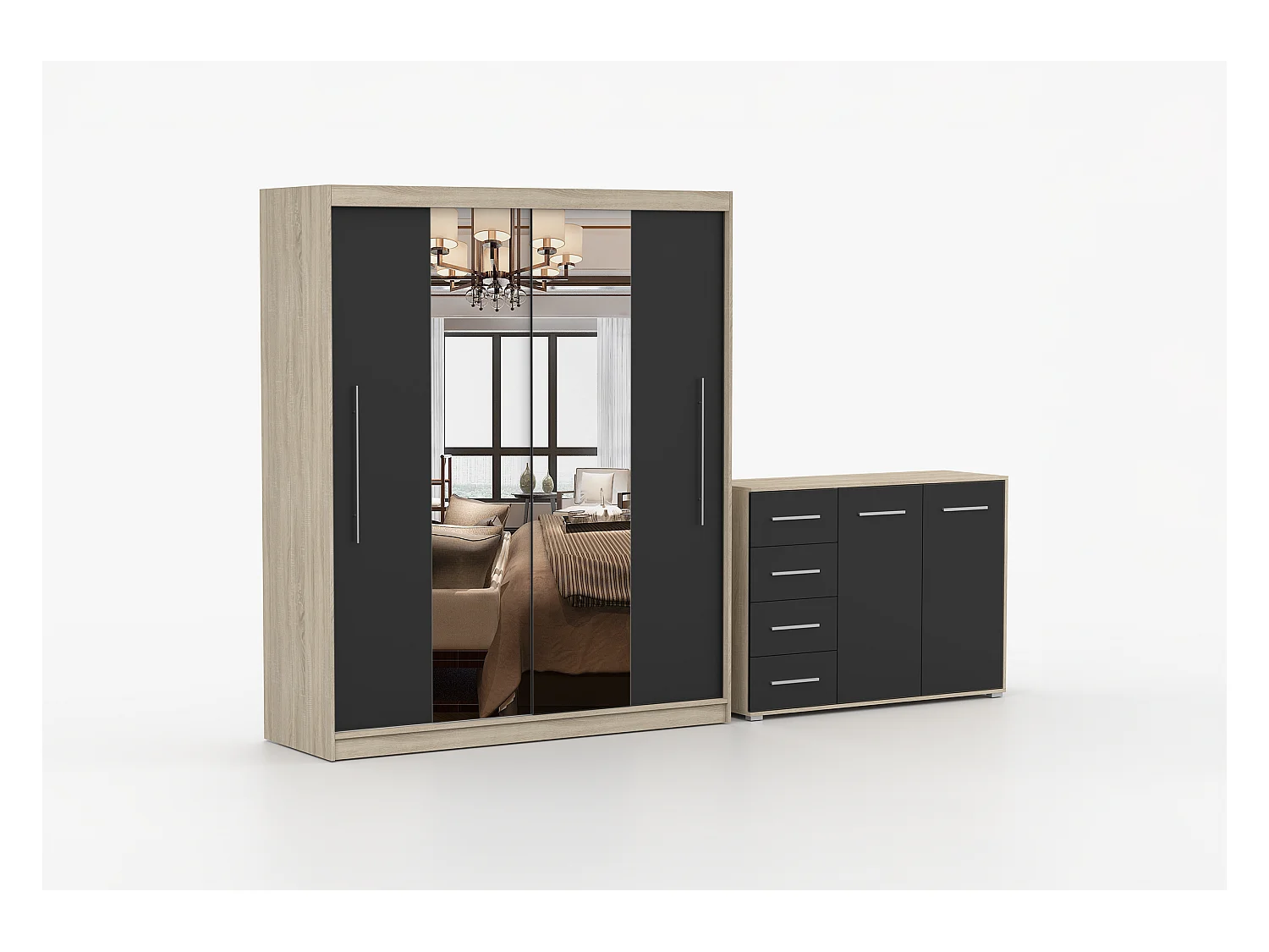 Ensemble armoire Eireen et commode Ilario avec miroir - Chêne - Noir