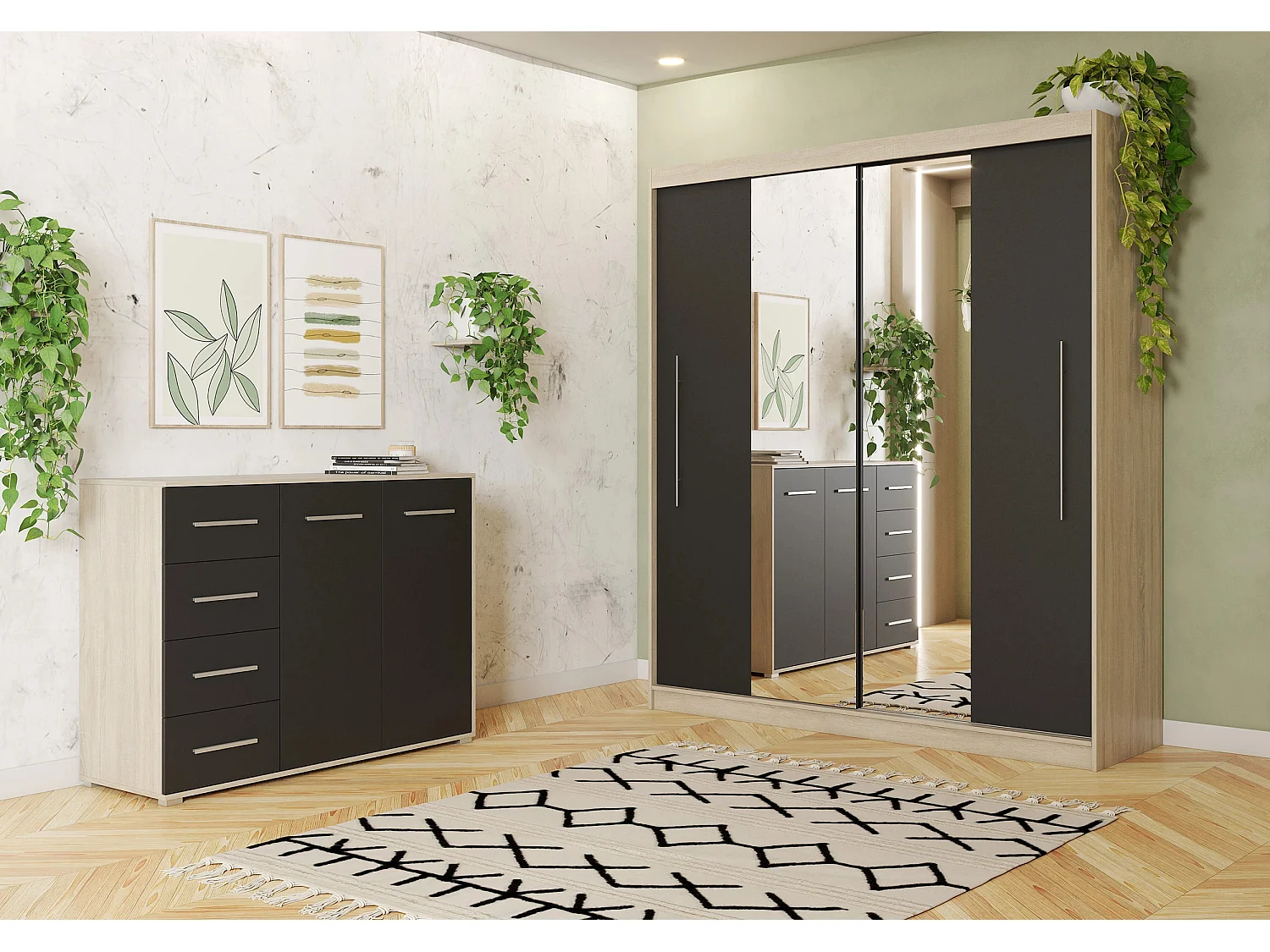 Ensemble armoire Eireen et commode Ilario avec miroir - Chêne - Noir