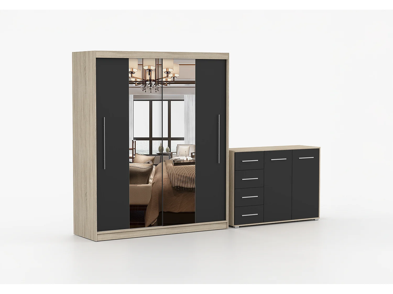 Ensemble armoire Eireen et commode Ilario avec miroir - Chêne - Noir