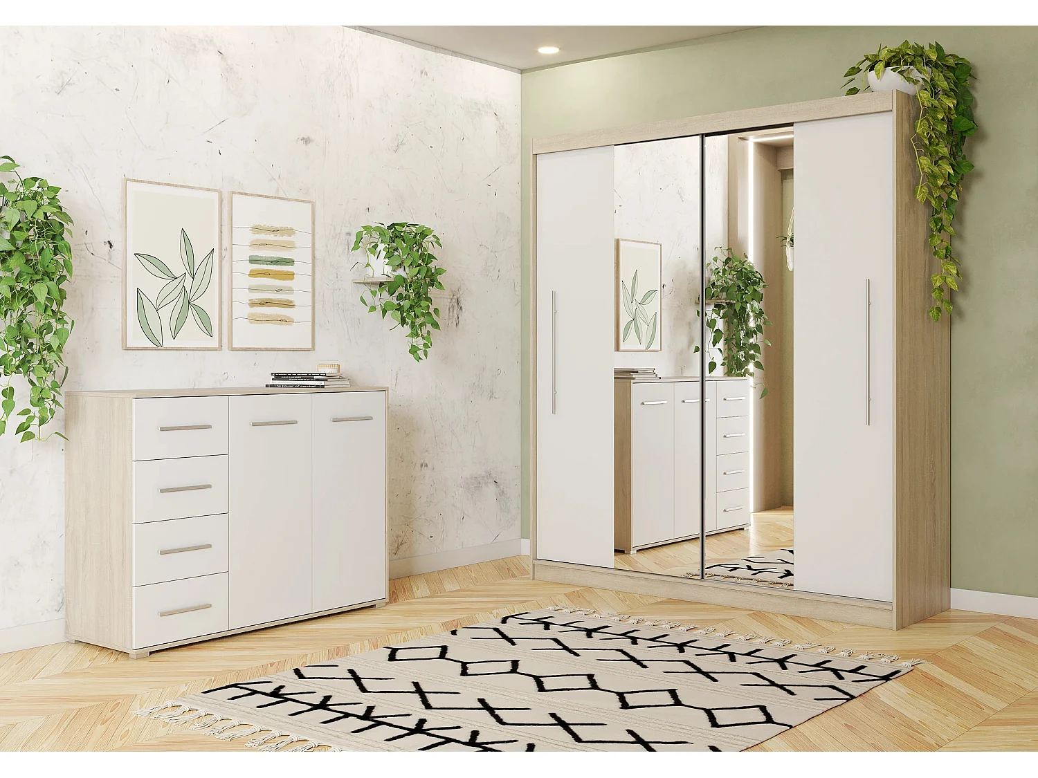 Ensemble armoire Eireen et commode Ilario avec miroir - Chêne - Blanc