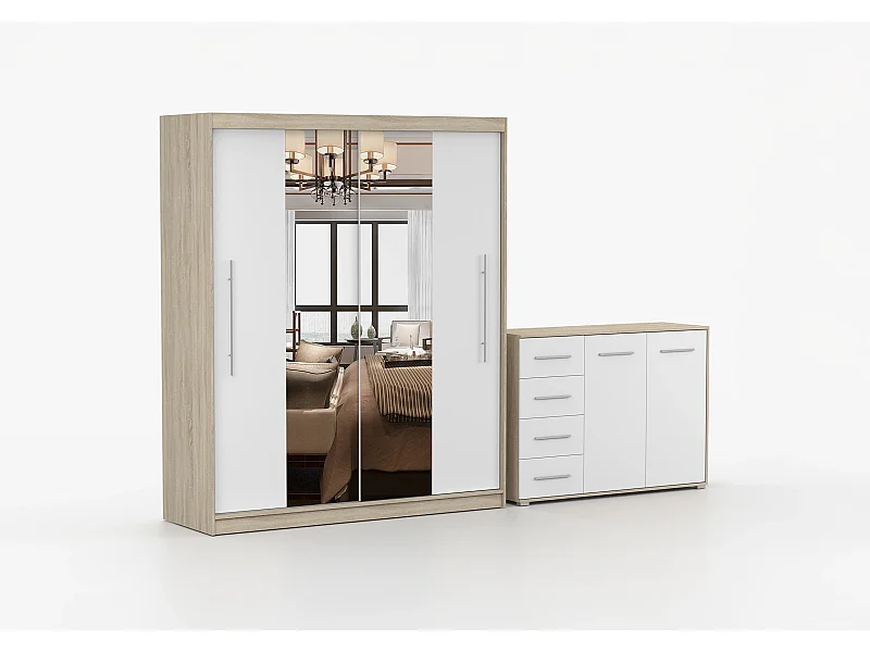 Ensemble armoire Eireen et commode Ilario avec miroir - Chêne - Blanc