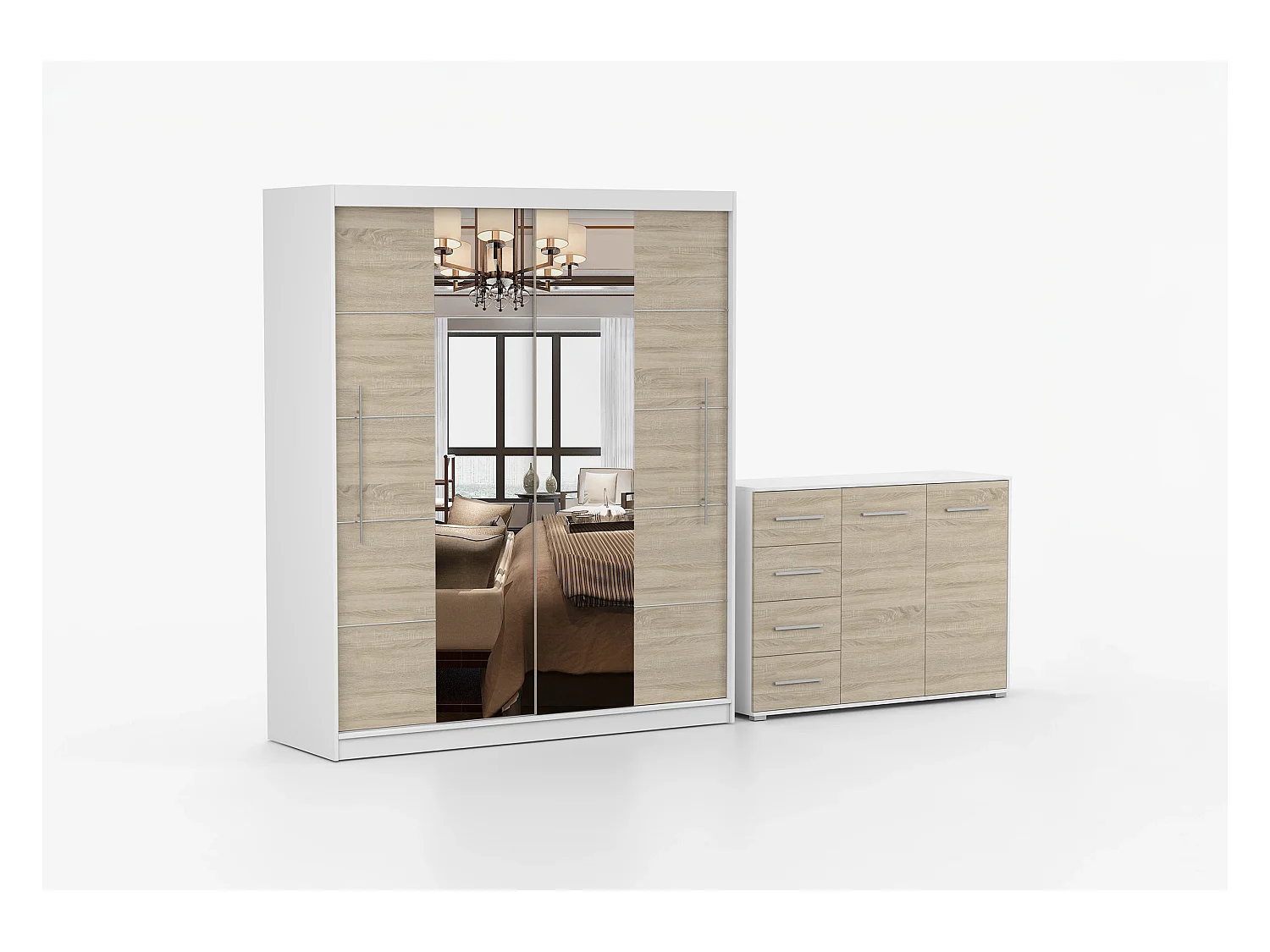 Ensemble armoire Orelia et commode Ilario avec miroir - Blanc - Chêne