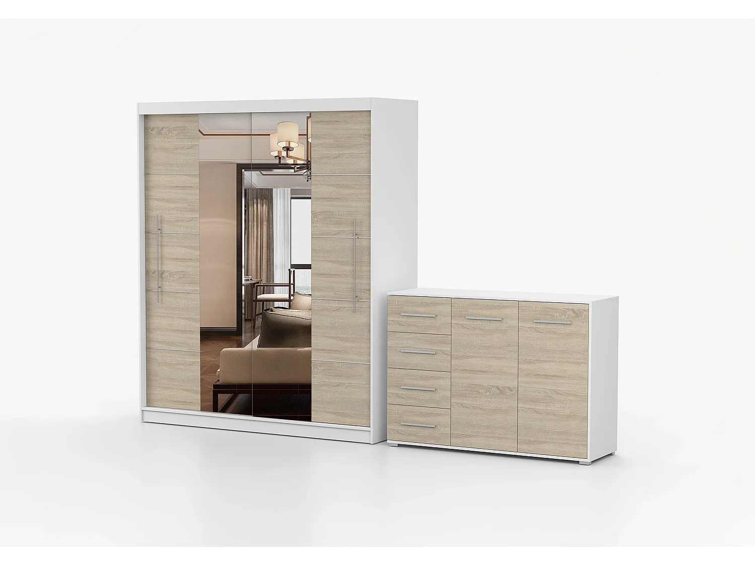 Ensemble armoire Orelia et commode Ilario avec miroir - Blanc - Chêne