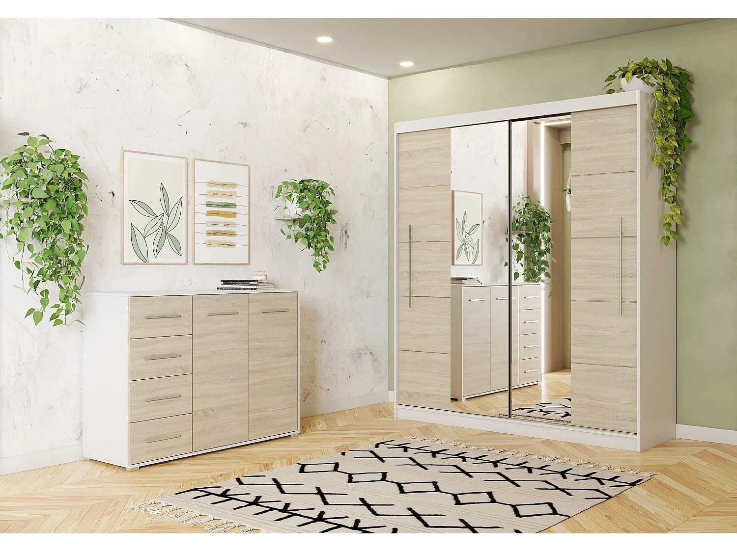 Ensemble armoire Orelia et commode Ilario avec miroir - Blanc - Chêne